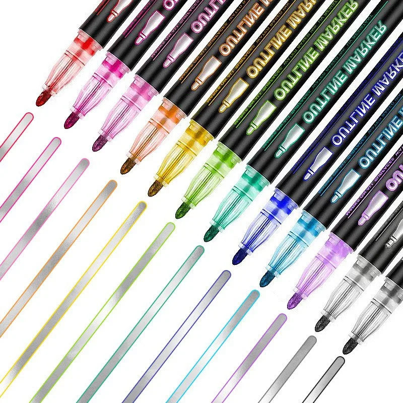 Double Line Outline Marker Pens Set Super Squiggles Highlighter Magic Glitter Drawing Pens for Creative Art Craft Supplies