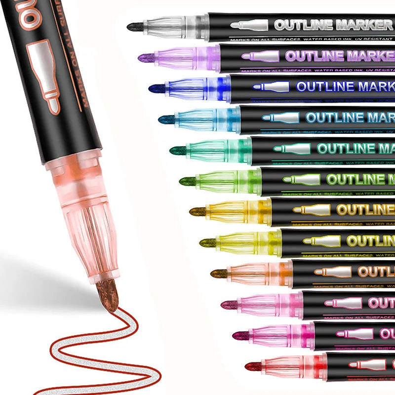 Double Line Outline Marker Pens Set Super Squiggles Highlighter Magic Glitter Drawing Pens for Creative Art Craft Supplies