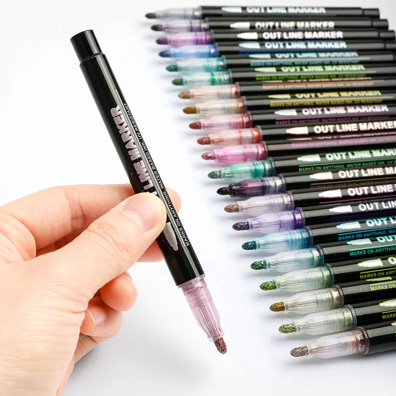Double Line Outline Marker Pens Set Super Squiggles Highlighter Magic Glitter Drawing Pens for Creative Art Craft Supplies